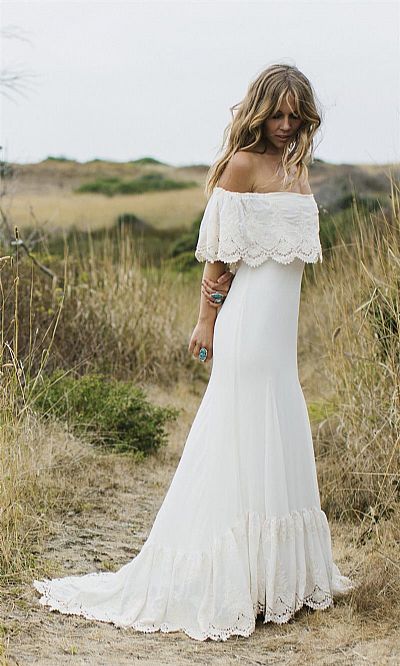 Designer Sexy Bateau Boho Beach Wedding Dress