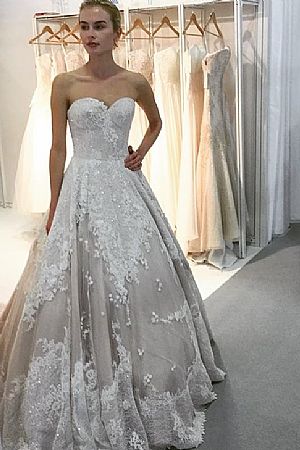 Gorgeous Champagne Appliqued Wedding Dress with Pleats