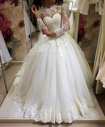 High Neck Lace Ball Gown Wedding Dresses