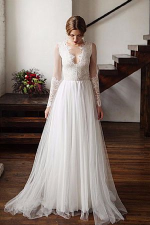 Illusion Puffy Beach Wedding Dresses with Plunging Neckline