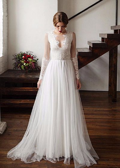 Illusion Puffy Beach Wedding Dresses with Plunging Neckline