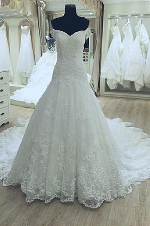 Gorgeous Lace Appliqued Wedding Dresses with Chapel Train