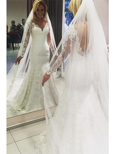 Dream Lace Wedding Dresses with Sheer Long Sleeves