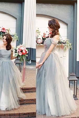 Ruched Gray Tulle Wedding Dresses Off the Shoulder