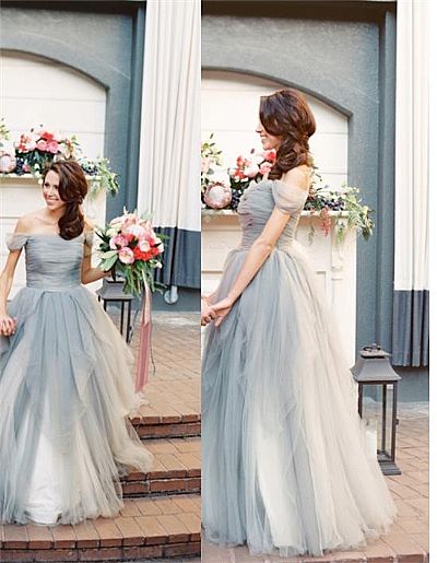 Ruched Gray Tulle Wedding Dresses Off the Shoulder