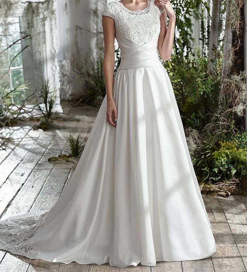 Simple Pleated Satin Wedding Dresses with Short Sleeves