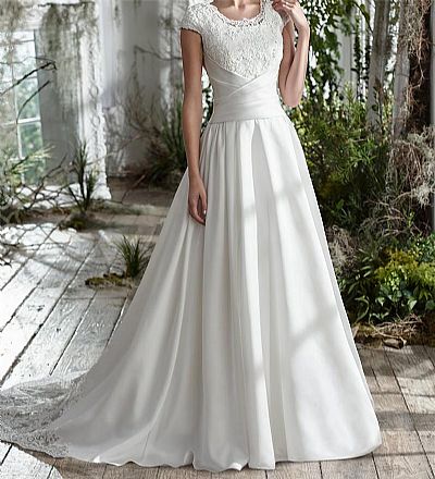 Simple Pleated Satin Wedding Dresses with Short Sleeves
