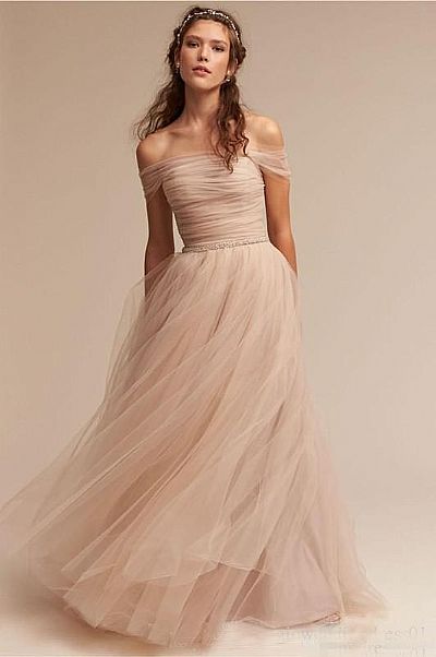 Off the Shoulder Nude Pink Wedding Dresses