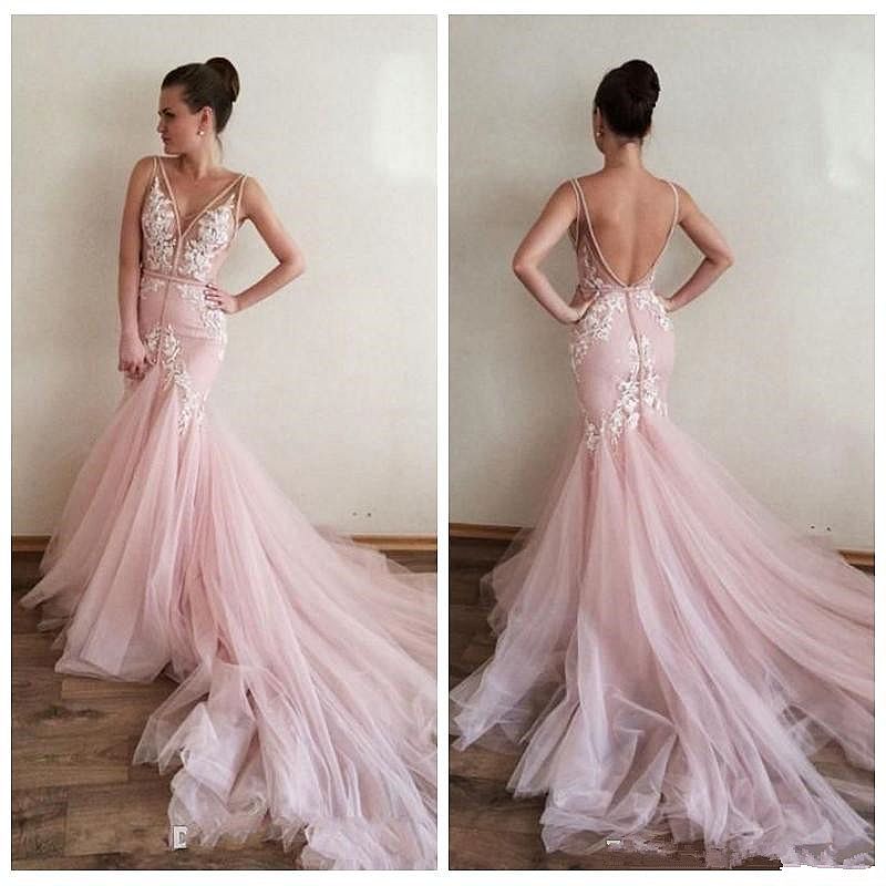 Blush Pink Lace Applique Backless Mermaid Wedding Dresses, AB1501