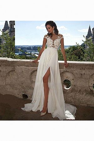 Beach Wedding Dresses with Chiffon Skirt Side Slit