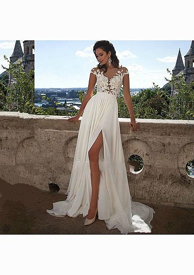 Beach Wedding Dresses with Chiffon Skirt Side Slit