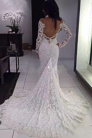 Long Sleeves Lace Mermaid Backless Wedding Dresses