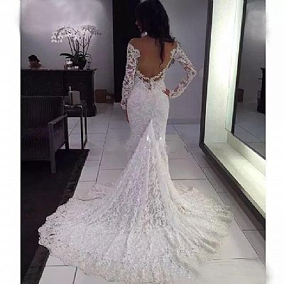Long Sleeves Lace Mermaid Backless Wedding Dresses
