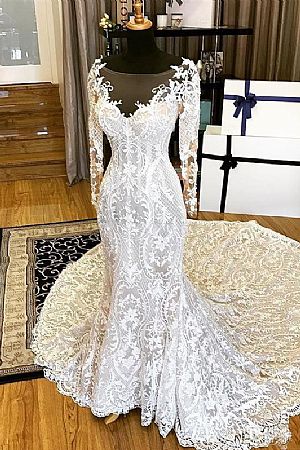 Wedding Dress with Beautiful Lace Patterns & Long Sleeves