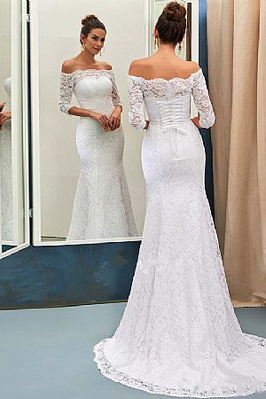 Elegant Off the Shoulder Lace Up Wedding Dress