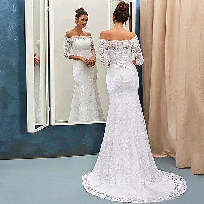 Elegant Off the Shoulder Lace Up Wedding Dress
