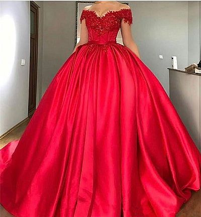 Fabulous Red Satin Ball Gown Wedding Dress 2018