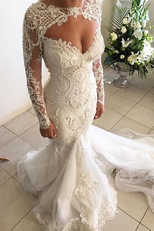 Sexy Mermaid Wedding Dresses with Pearls Hollow Back