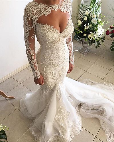 Sexy Mermaid Wedding Dresses with Pearls Hollow Back