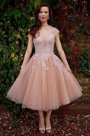 Pink Tea Length Wedding Dresses with Cap Sleeves