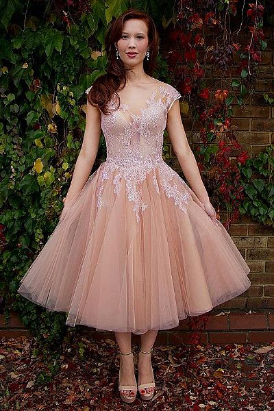 Pink Tea Length Wedding Dresses with Cap Sleeves