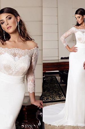 Classy Bateau Fitted Wedding Dresses with 3/4 Sleeves