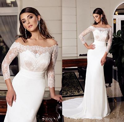 Classy Bateau Fitted Wedding Dresses with 3/4 Sleeves