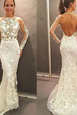 Sexy Backless Floral Appliqued Beach Wedding Gowns