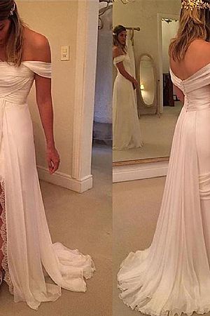 Simple Pleated Wedding Dress Off the Shoulder Side Slit