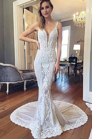 Embroidery Summer Backless Wedding Dresses with Spaghetti Straps