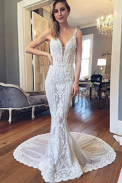 Embroidery Summer Backless Wedding Dresses with Spaghetti Straps