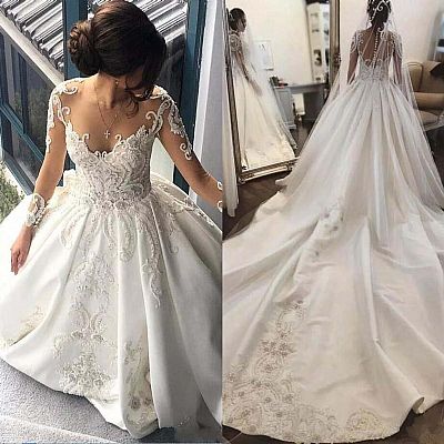 Luxurious Embroidery Appliqued Wedding Dress Sheer Back with Buttons