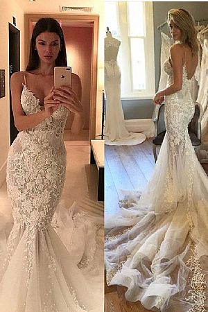 Sexy Organza Wedding Dress with Spaghetti Straps & Beadings