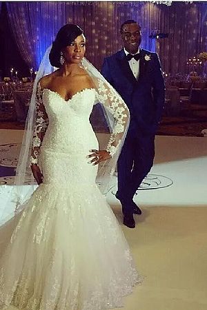 African Lace Mermaid Wedding Dresses with Long Sleeves