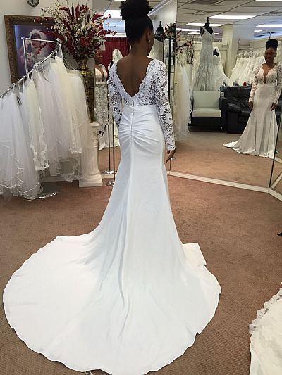 Pleated Wedding Dress with Plunge Neckline & Long Sleeves