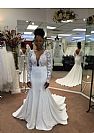 Pleated Wedding Dress with Plunge Neckline & Long Sleeves