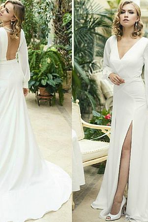 Side Slit Crepe Wedding Dress with Long Sleeves