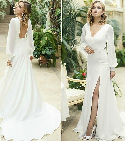 Side Slit Crepe Wedding Dress with Long Sleeves