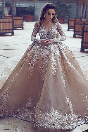 Luxurious Champagne Organza Ball Gown Wedding Dress with Beadings