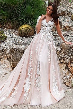 Stunning Champagne Wedding Dress with 3D Floral Appliques