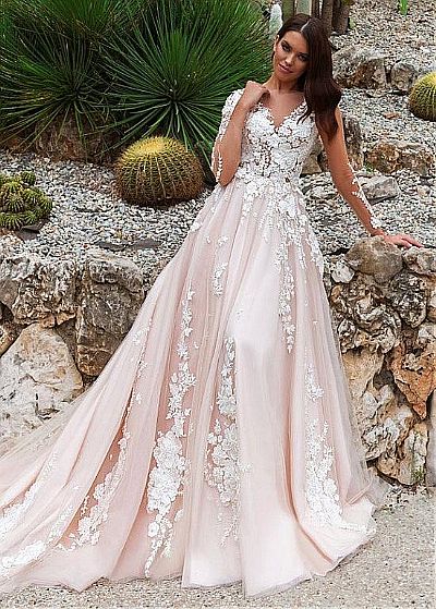 Stunning Champagne Wedding Dress with 3D Floral Appliques