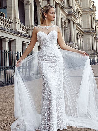 Illusion Sheer Wedding Dress with Sweep Tulle Train