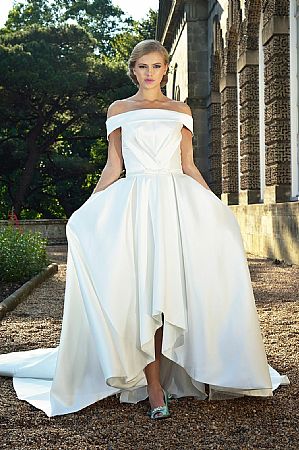 Unique Pleated Hi low Satin Wedding Dress