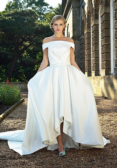 Unique Pleated Hi low Satin Wedding Dress