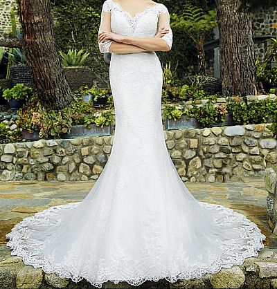 Delicate Lace Appliqued Wedding Dress with Half Sleeves