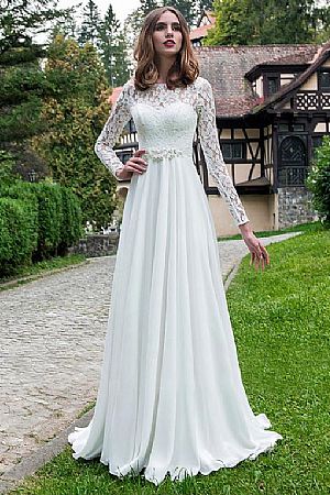 Lace Chiffon Beaded Wedding Dress with Long Sleeves