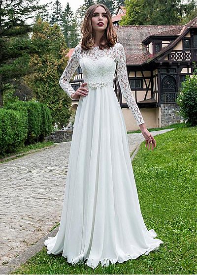 Lace Chiffon Beaded Wedding Dress with Long Sleeves