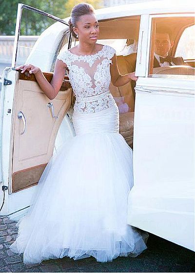 Jewel Neckline Beading Appliqued Mermaid Wedding Dress