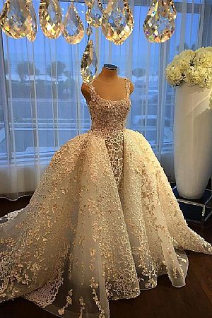 Gold Appliqued Organza Wedding Dress with Detachable Skirt