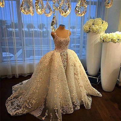 Gold Appliqued Organza Wedding Dress with Detachable Skirt